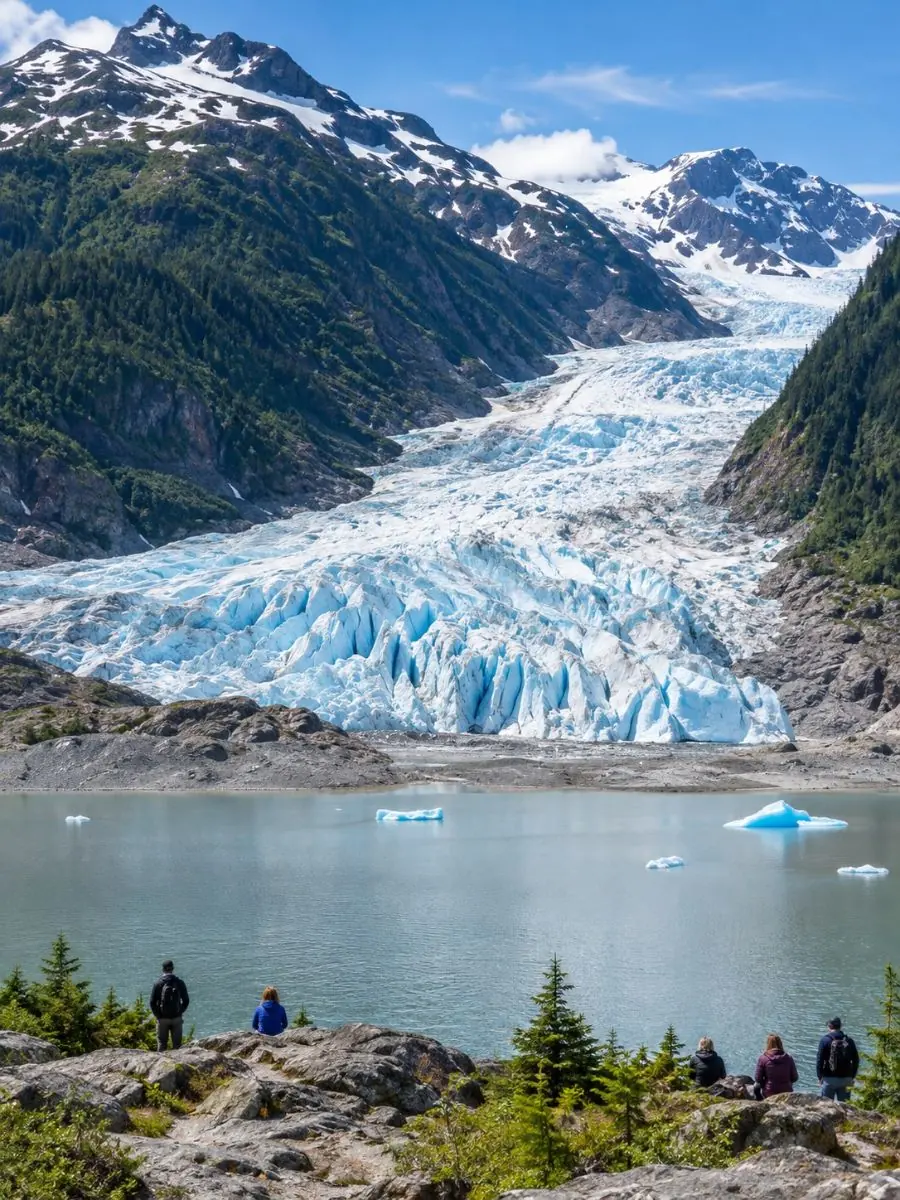Le glacier Mendenhall entre des montagnes boisées, vu de l'autre côté du lac depuis les rochers à Photo Point